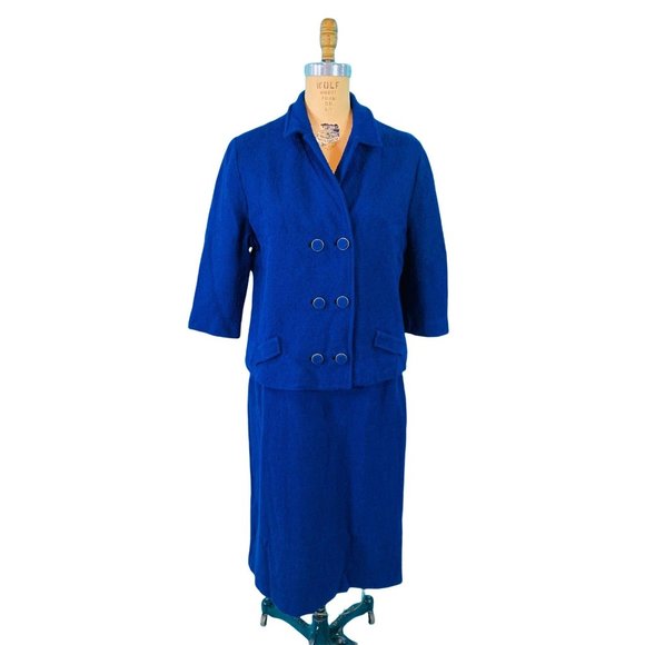 Vintage 60s Suit Set Womens Large Mod Blue Textured Top & Skirt Outfit - Picture 2 of 9